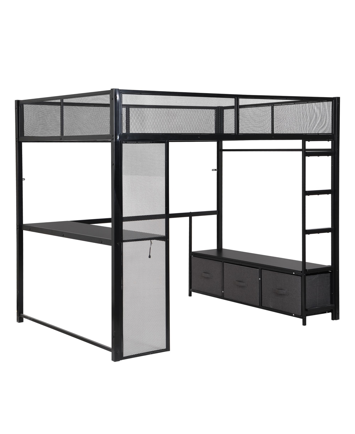 Streamdale Furniture Full Metal Gaming Loft Bed with Led, Desk, Open Wardrobe and 3 Linen Storage Drawers, White