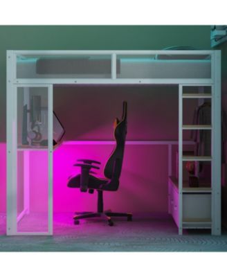 Full Size Metal Gaming Loft Bed with LED, Desk, Open Wardrobe and 3 Linen Storage Drawers