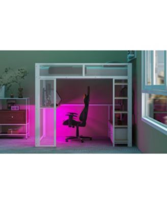 Full Size Metal Gaming Loft Bed with LED, Desk, Open Wardrobe and 3 Linen Storage Drawers