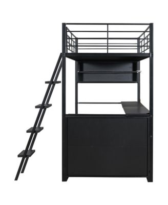 Metal Loft Bed with LED, Desk and 4 Storage Shelves,