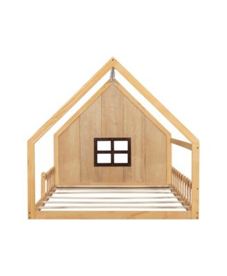Full Size Wood House Bed with Window and Fence.