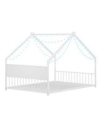  Kids House Bed with Roof and Lights, Metal Frame