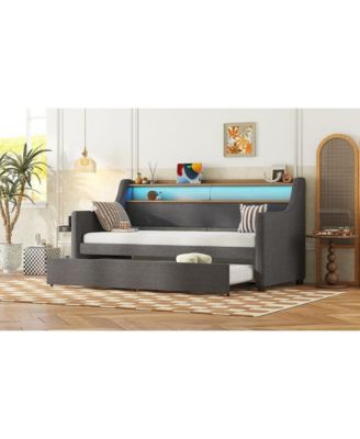 Twin Size Daybed with Trundle Bed, Upholstered Daybed with Charging Station and LED Lights