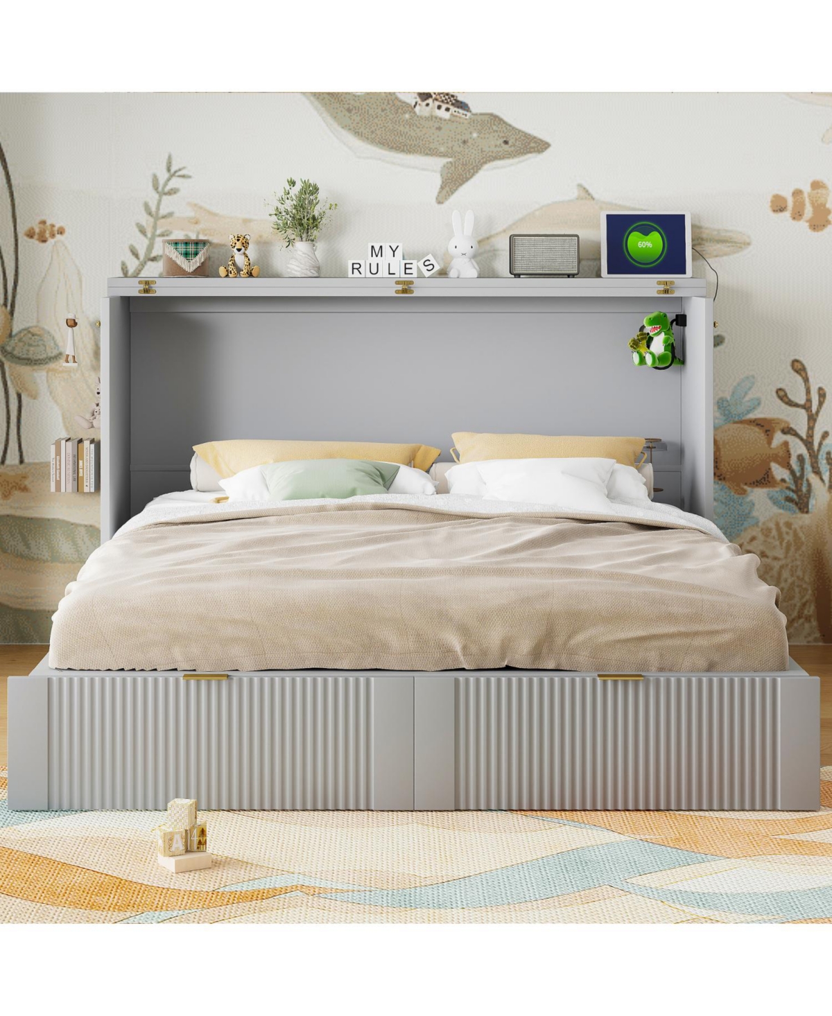 Streamdale Furniture Queen Size Murphy Bed with drawer and a set of Sockets & Usb Ports, Pulley Structure Design, Gray