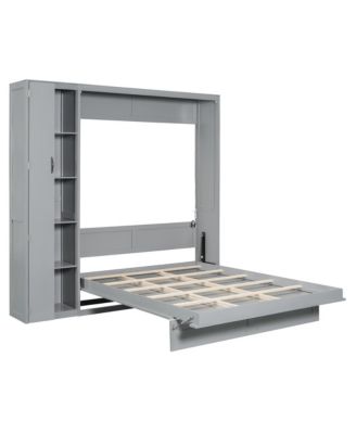 Queen Size Murphy Bed Wall Bed with Shelves, Wardrobe and LED Lights
