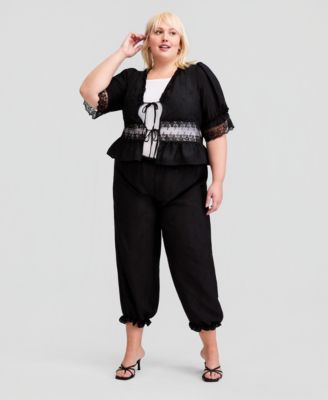Trendy Plus Size Embroidered Mesh-Inset Tie-Front Top