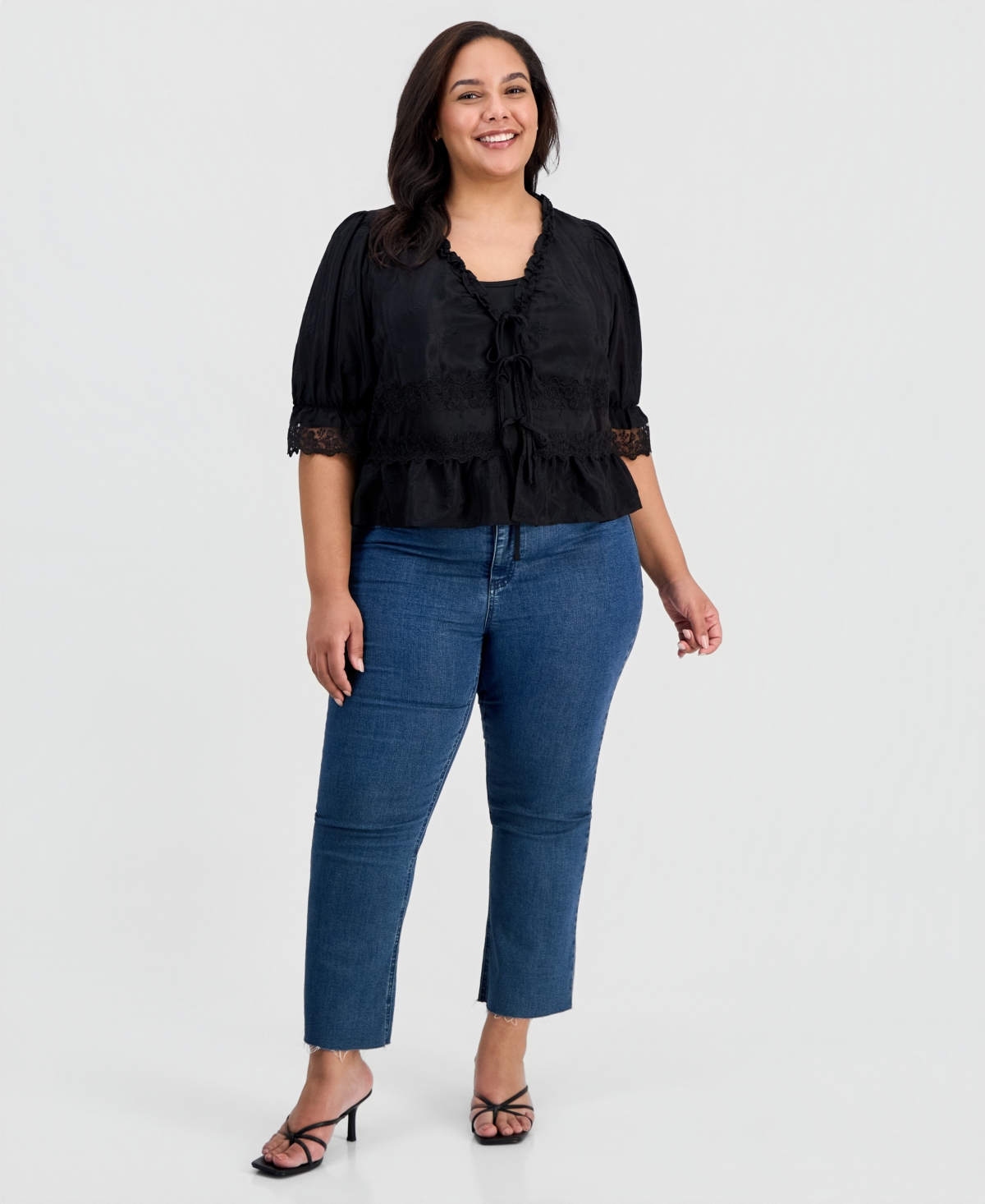 And Now This Trendy Plus Embroidered Mesh-Inset Tie-Front Top, Macy's Exclusive