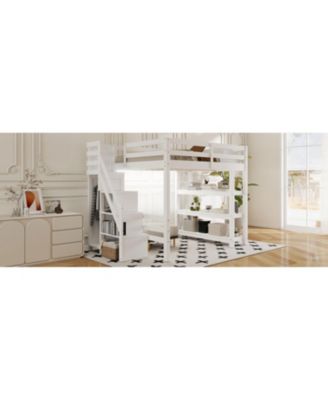 Loft Bed with Shelves Storage Stairs Wardrobe & LED