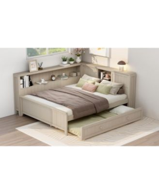 Full Size Wood Daybed with Storage Shelves and Trundle