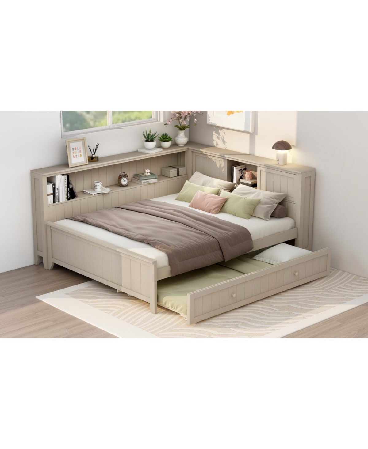 Streamdale Furniture Full Size Wood Daybed with Storage Shelves and Trundle