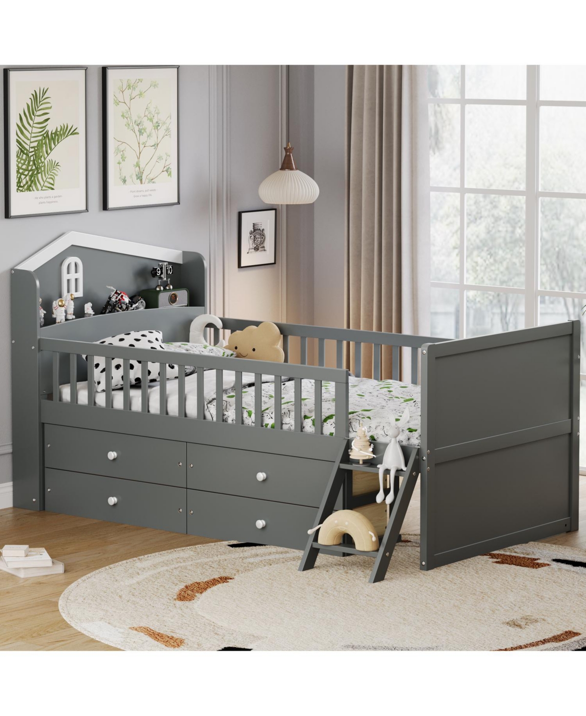 Streamdale Furniture Twin Bed Frame with Storage & Guardrail