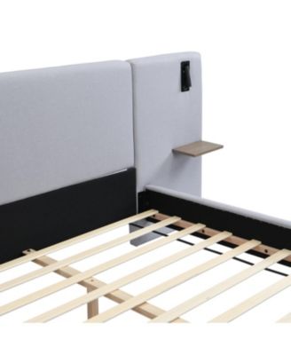Chic Linen Upholstered Bed with Integrated Lights and Shelves King