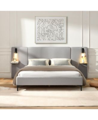 Chic Linen Upholstered Bed with Integrated Lights and Shelves Queen