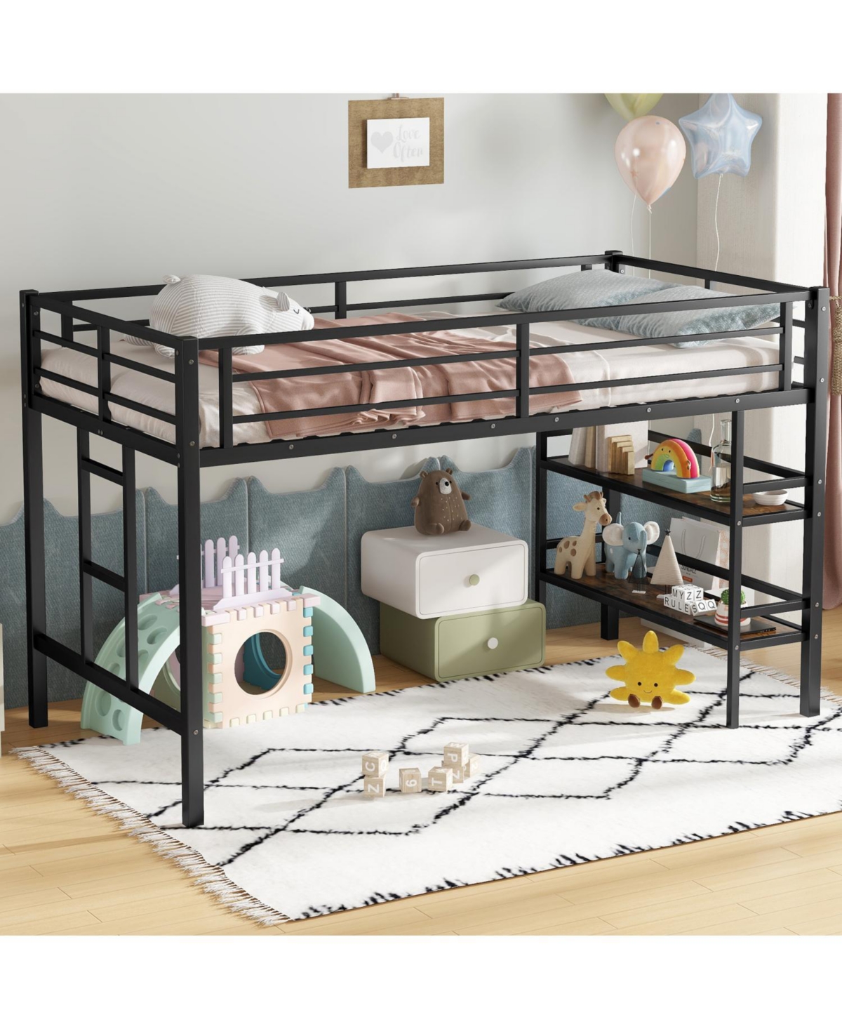 Streamdale Furniture Twin Metal Loft Bed with Shelf & Ladder