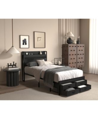 Twin Bed Frame with Storage Black Metal Platform