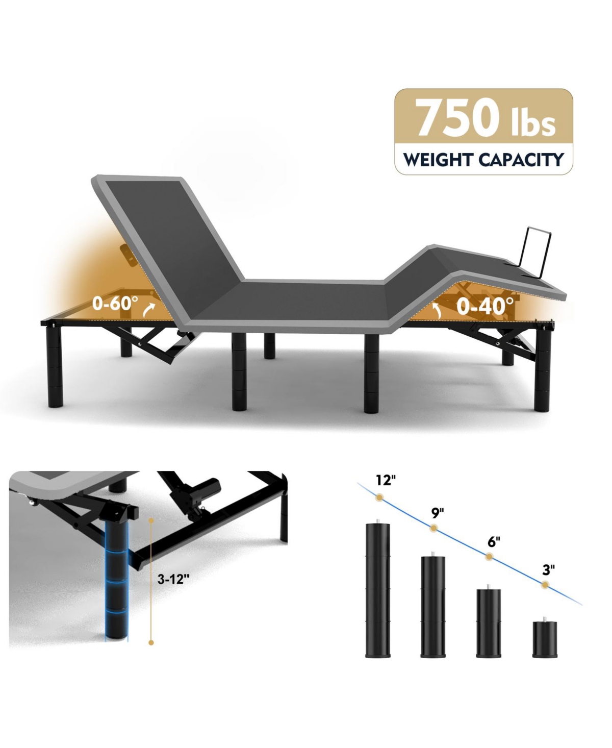Streamdale Furniture Adjustable Bed Frame Twin Xl with Massage, Usb, Led & Remote