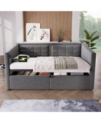  Upholstered Twin Daybed with Hydraulic Storage, USB Charging, Tufted Back, Gray Velvet