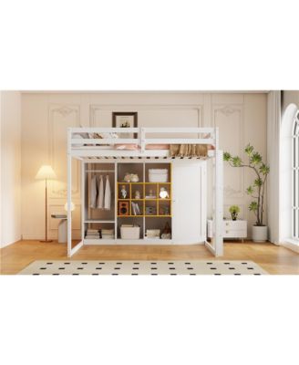 Full Size Wood Loft Bed with Wardrobe, shelves and Cabinet