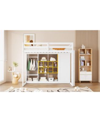 Twin Size Wood Loft Bed with Wardrobe, shelves and Cabinet
