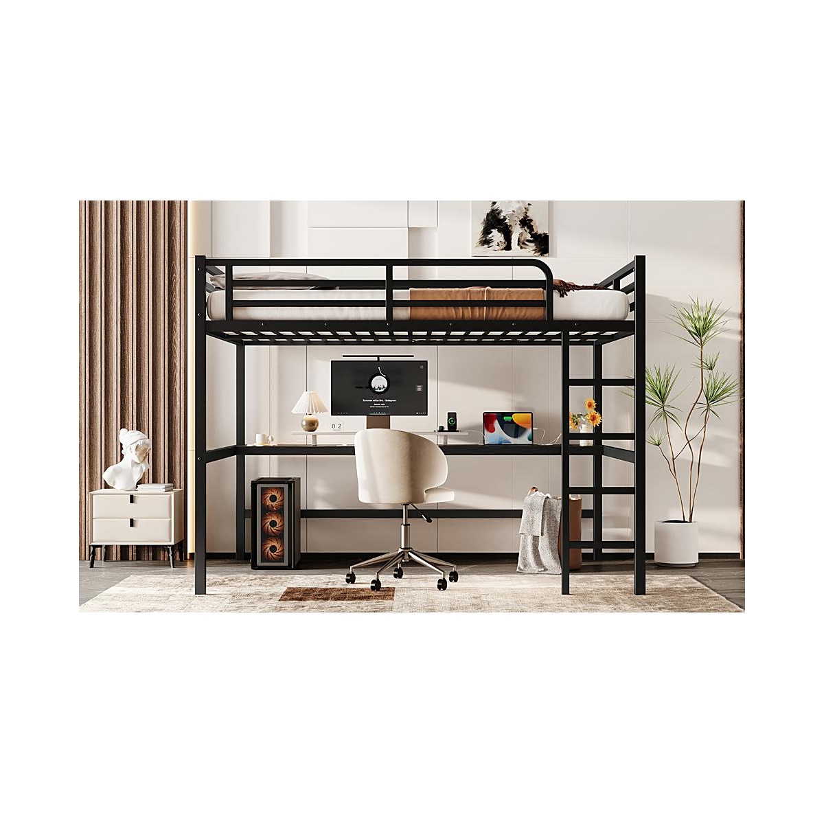 Streamdale Furniture Metal Queen Loft Bed w/ Outlet & Led Light