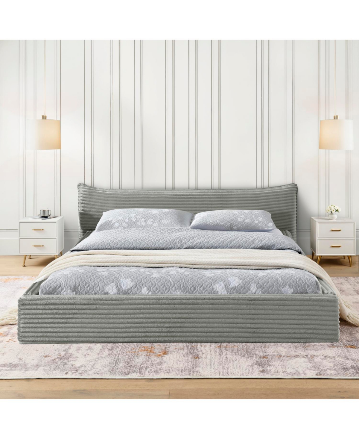 Streamdale FurnitureQueen Upholstered Platform Bed Frame - Curved Headboard, No Box Spring-Grey
