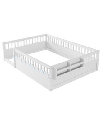Montessori Floor Bed Frame, High Rails, Light & Shelf, White