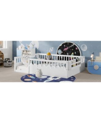 Montessori Floor Bed Frame, High Rails, Light & Shelf, White