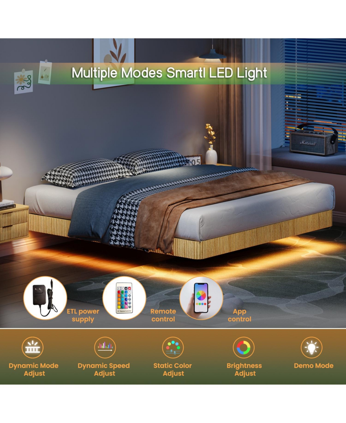 Streamdale Furniture Oak King Led Floating Bed Frame - Wave Texture, Metal Slats