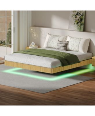  Oak King LED Floating Bed Frame - Wave Texture, Metal Slats