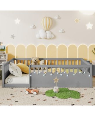 Twin Size  Wood  Rails, Light & Shelf  Floor Bed Frame