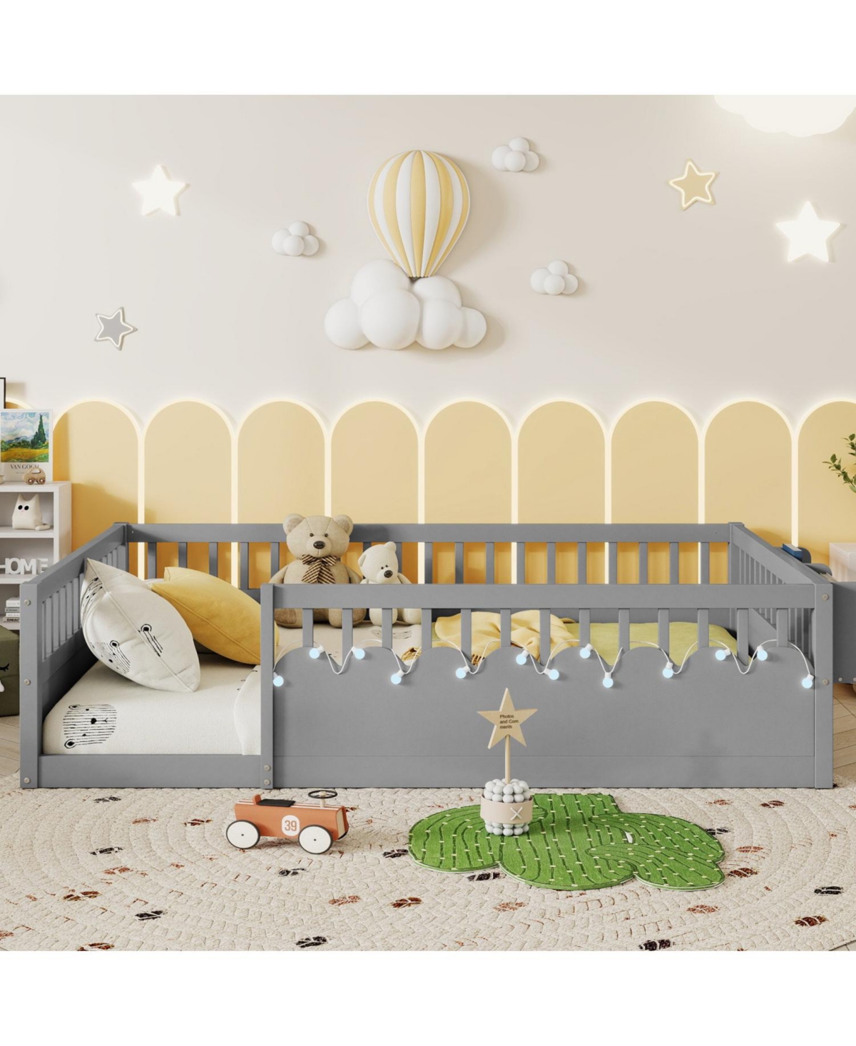 Streamdale Furniture + Twin Size + Wood + Rails, Light & Shelf + Floor Bed Frame