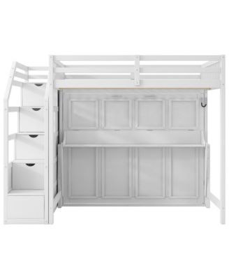 Full XL Loft Bed w/ Storage Stairs & Full Murphy Bed, LED