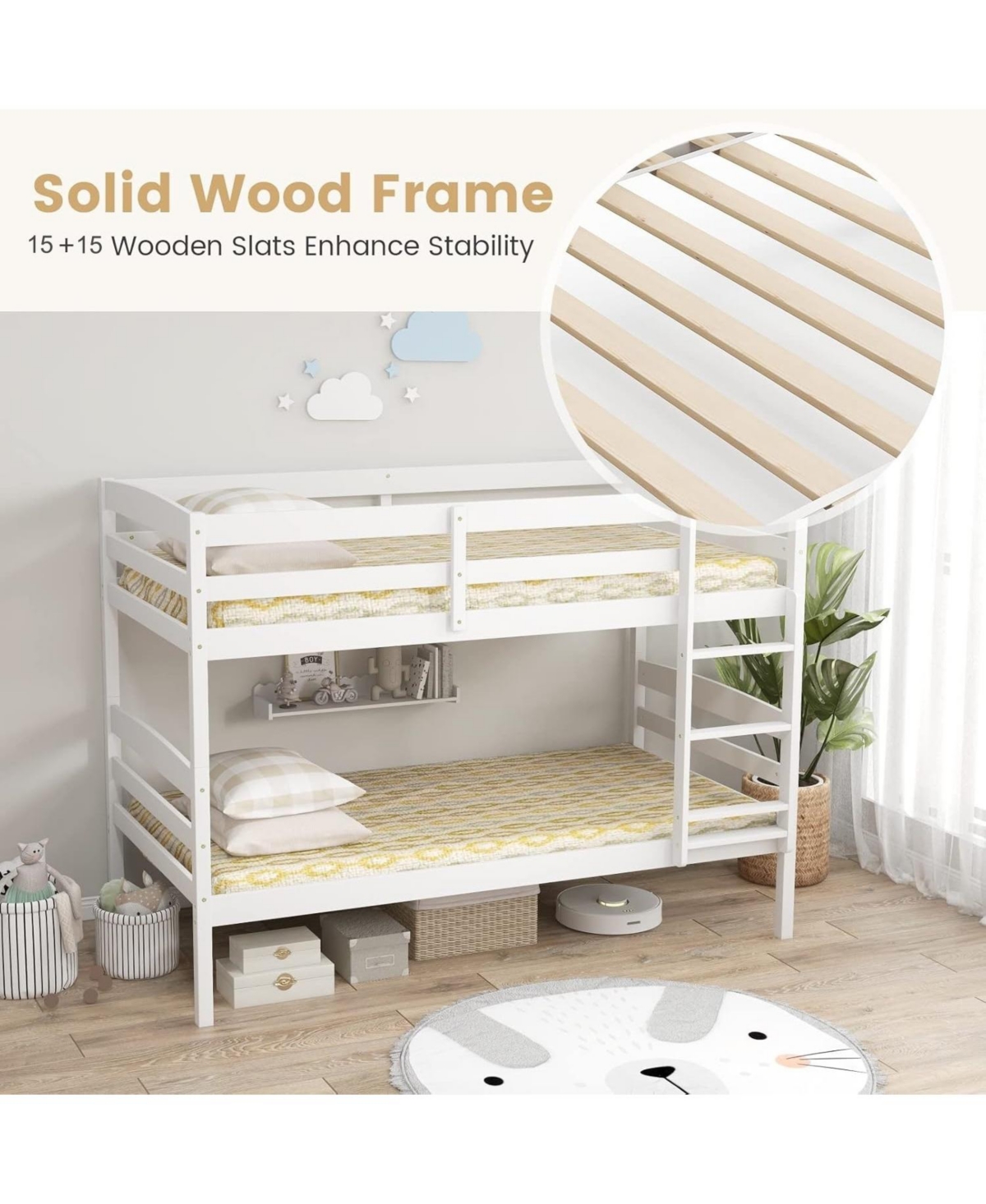 Streamdale Furniture Twin Over Twin Bunk Bed, Solid Pine, High Guardrails, Ladder