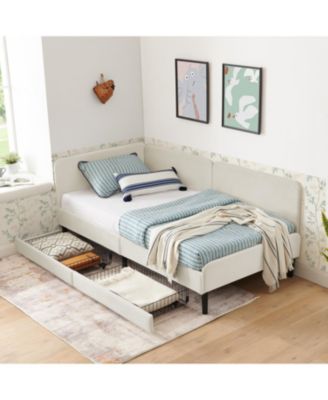 Twin Upholstered Platform Bed Frame w/ 2 Storage Drawers