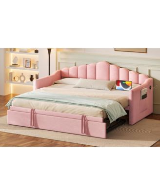 Upholstered Twin Daybed with Pop Up Trundle, USB Port, Pockets, No Box Spring