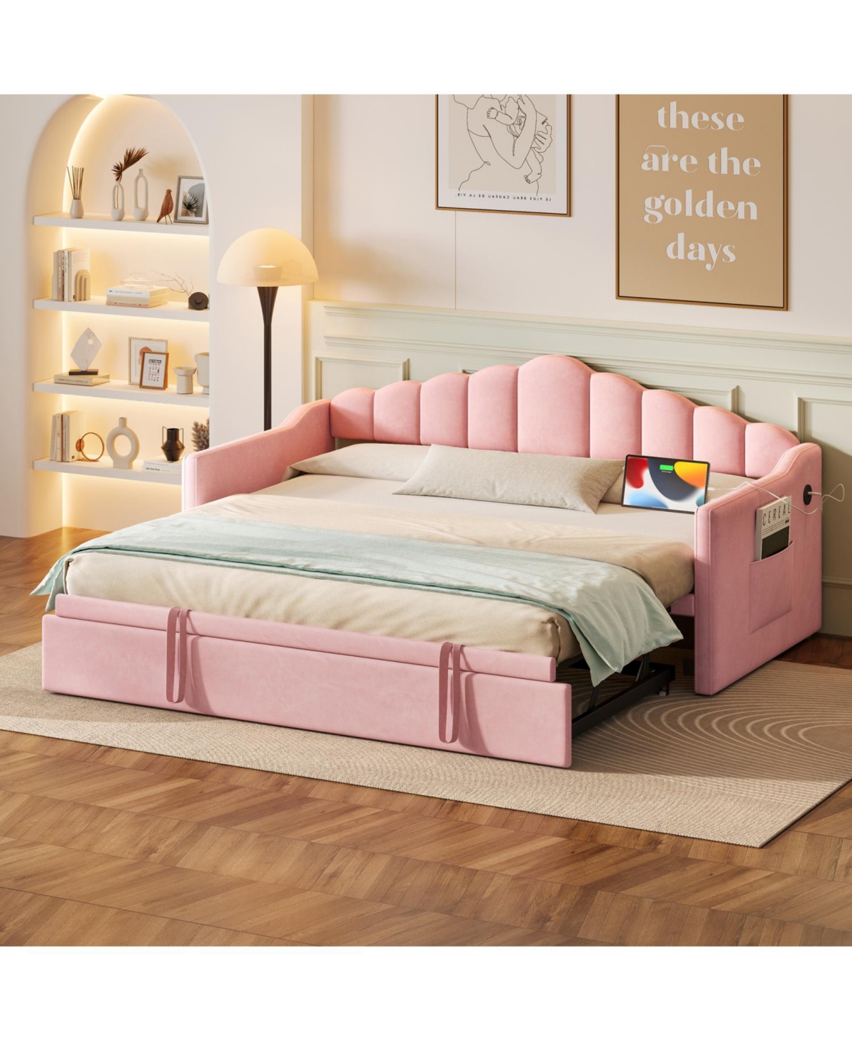 Streamdale Furniture Upholstered Twin Daybed with Pop Up Trundle, Usb Port, Pockets, No Box Spring