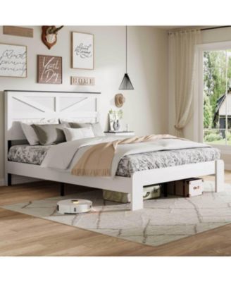 White Full Size Wood Platform Bed Frame with Under Bed Storage