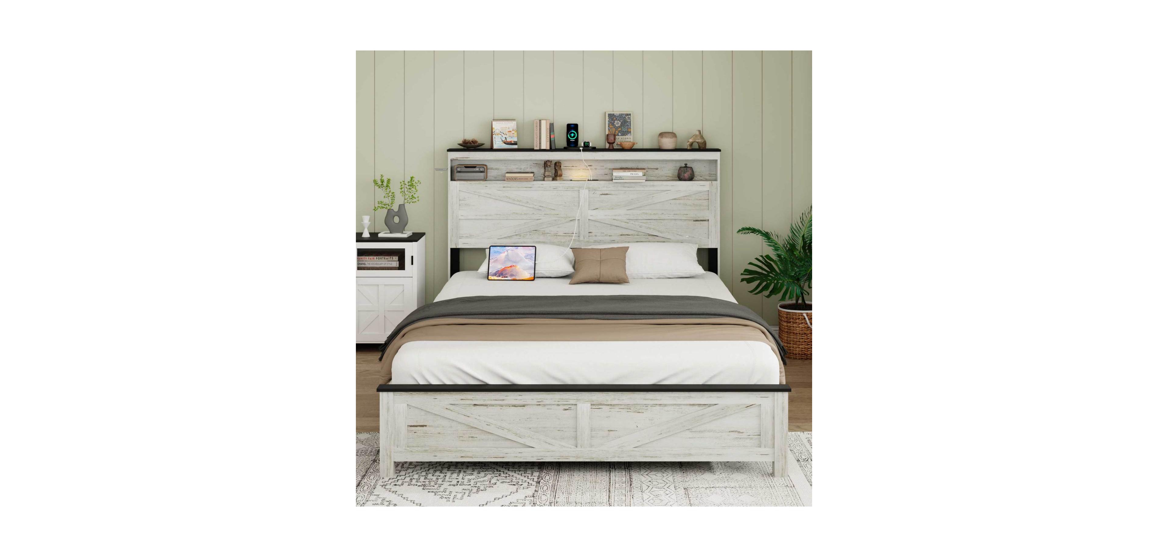 Streamdale Furniture Led Platform Bed Frame with Charging & Storage