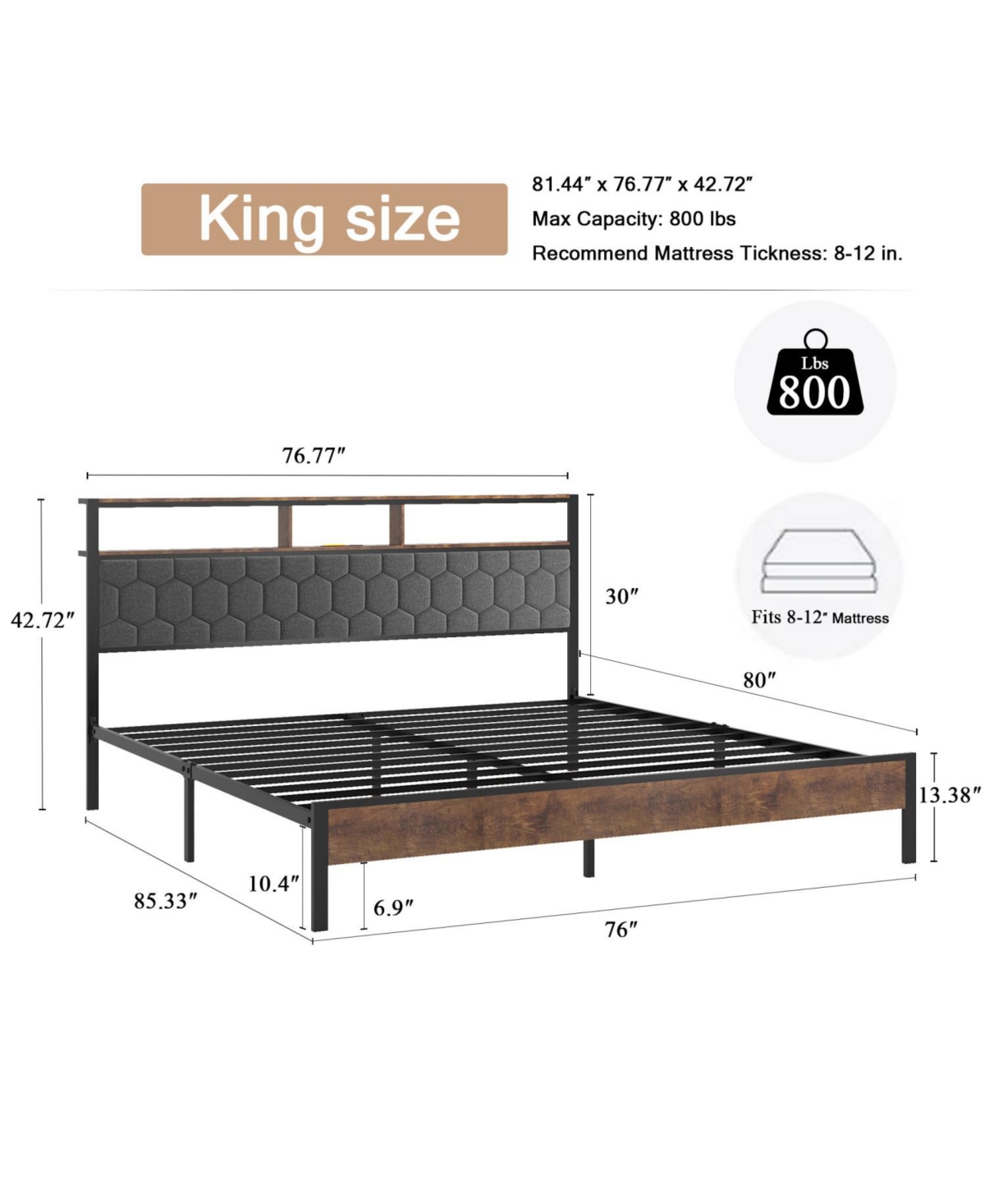 Streamdale Furniture King Wooden Platform Bed Frame w/ Usb Ports & Storage - Brown