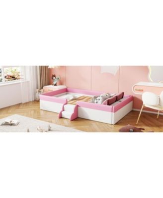 Twin Size Upholstered Daybed Frame with Fence and Stairs, (PINK+WHITE