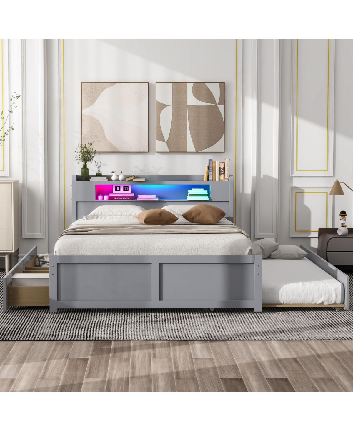 Streamdale Furniture Queen Wood Platform Bed- Led, 2 Drawers & Trundle.