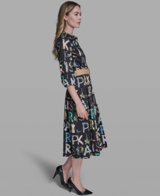 Women's Allover Print Belted Collared Shirt Dress