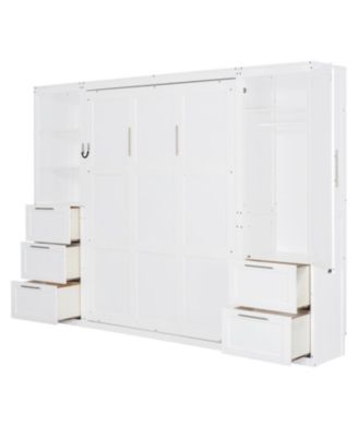 Queen Murphy Bed with Closet, Drawers & Shelves - White