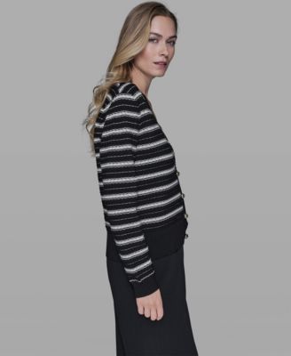 Women's Pointelle Stripe V-Neck Cardigan Sweater