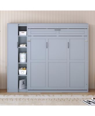  Queen Size Murphy Bed Wall Bed with Shelves, Wardrobe and LED Lights,Gray