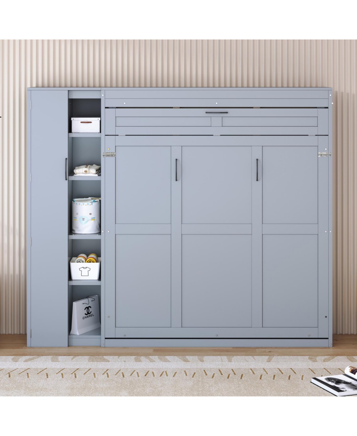 Streamdale Furniture Queen Size Murphy Bed Wall Bed with Shelves, Wardrobe and Led Lights,Gray