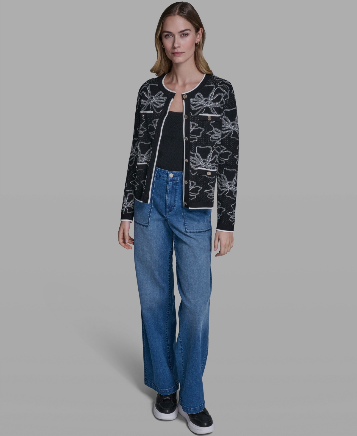 Karl Lagerfeld Paris Women's Flower Embroidered Cardigan Sweater