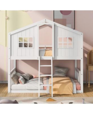 Twin Over Twin House Bunk Bed With Ladder, Wood Bed