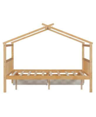 Full Size Wooden House Bed with Drawers, White