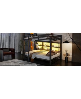 Metal Queen over Queen Bunk Bed with Storage Cabinets and LED